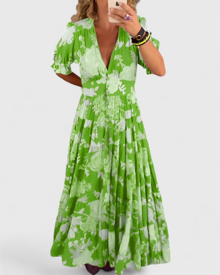 REAGAN | Floral Maxi Dress with V-Neck and Puff Sleeves