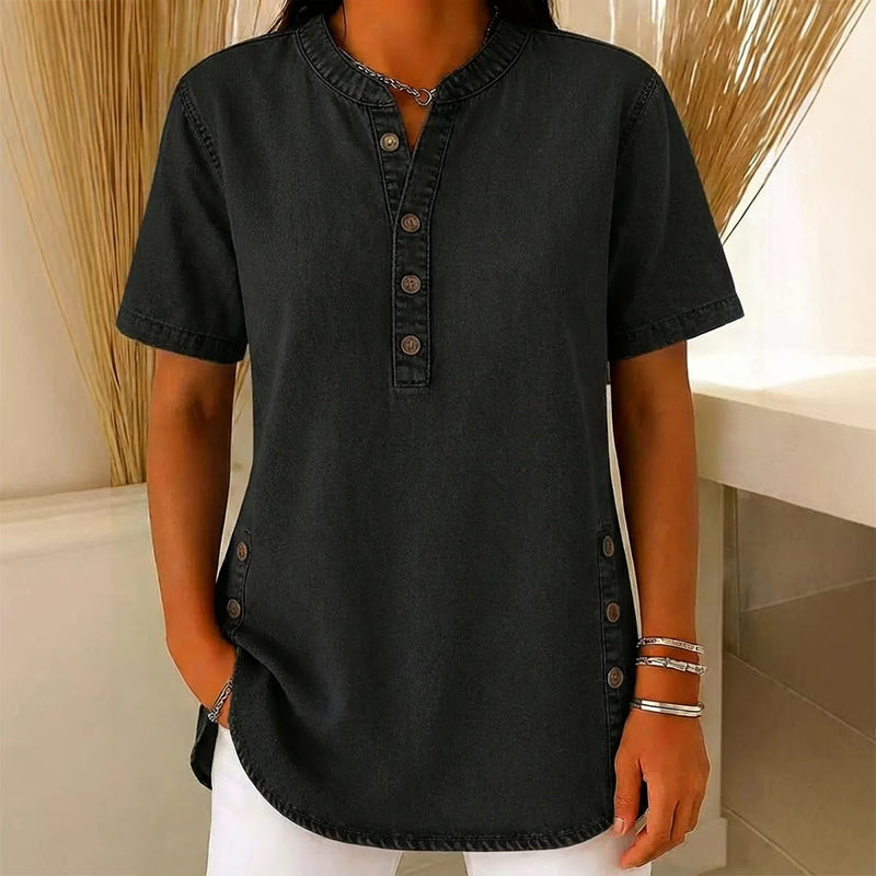 REAGAN | Denim Henley Tunic Top For Casual Everyday Blouse