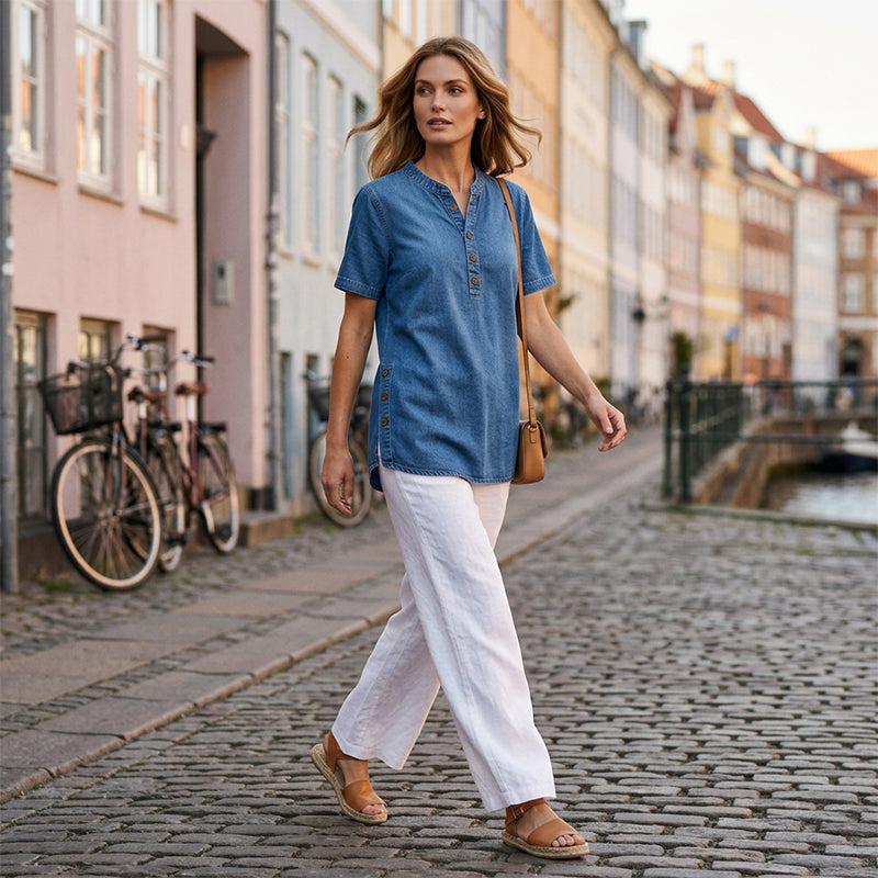 REAGAN | Denim Henley Tunic Top For Casual Everyday Blouse