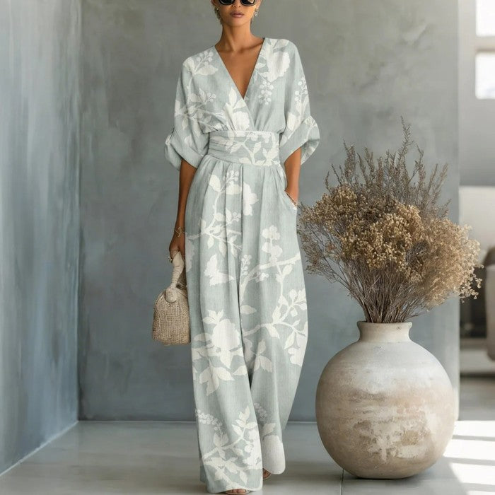 SERENITY | Palm Print Jumpsuit Flattering Cinched Waist Effortless Island Style