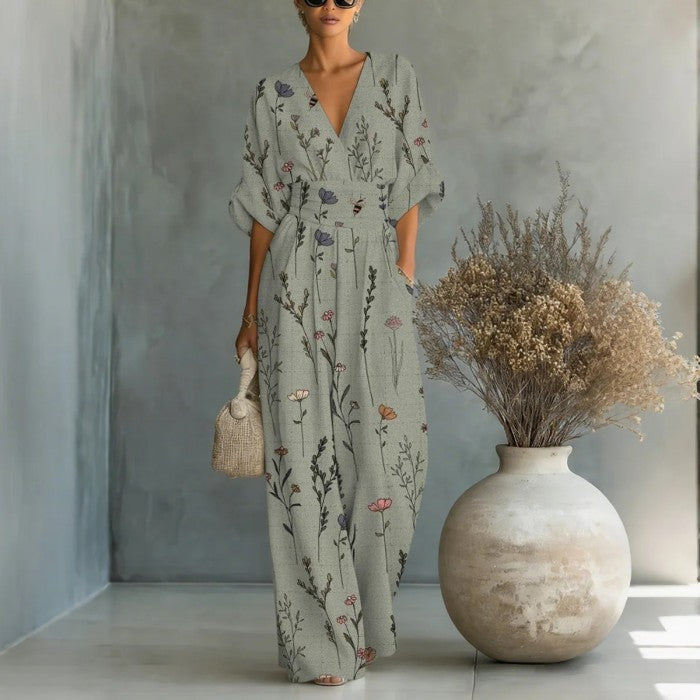 SERENITY | Palm Print Jumpsuit Flattering Cinched Waist Effortless Island Style