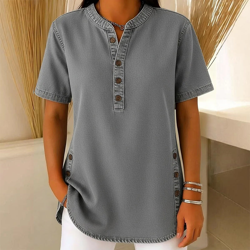 REAGAN | Denim Henley Tunic Top For Casual Everyday Blouse