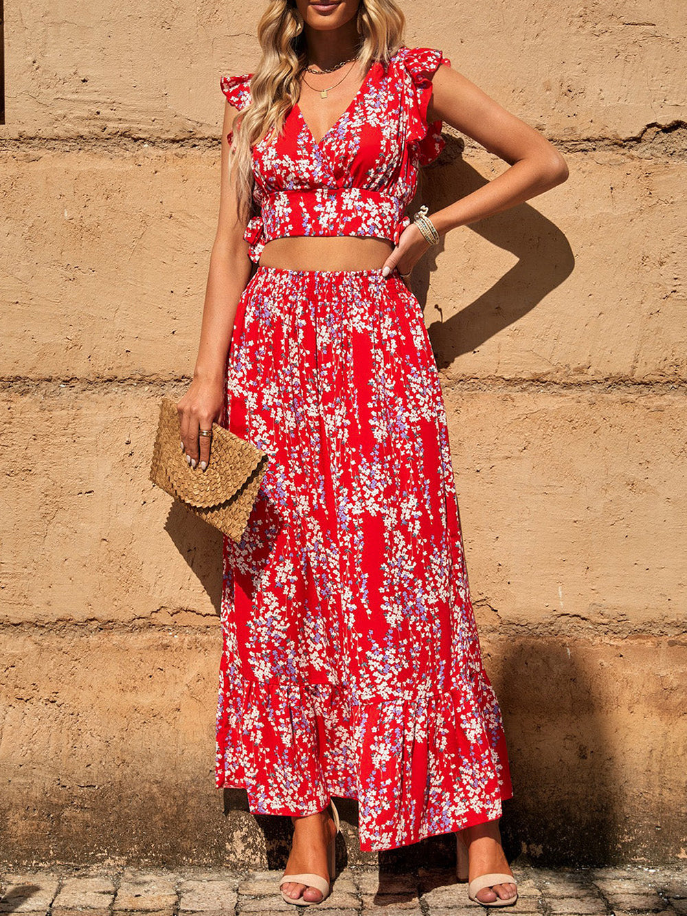 Set aus bedrucktem Crop-Top und langem Rock