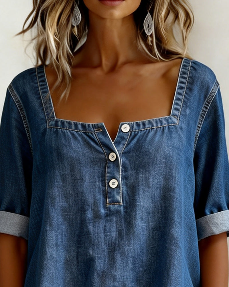 Avelia™ | Square Collar Denim Shirt
