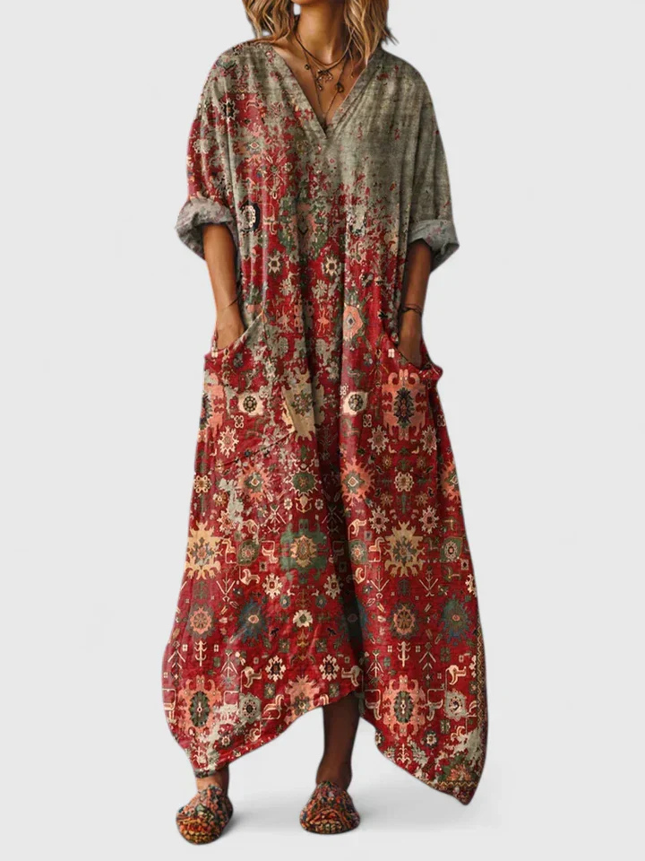 Indie | Women's Cotton Boho Print Front Pocket Maxi Dress