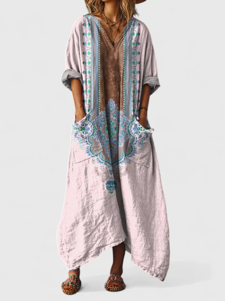 Indie | Women's Cotton Boho Print Front Pocket Maxi Dress