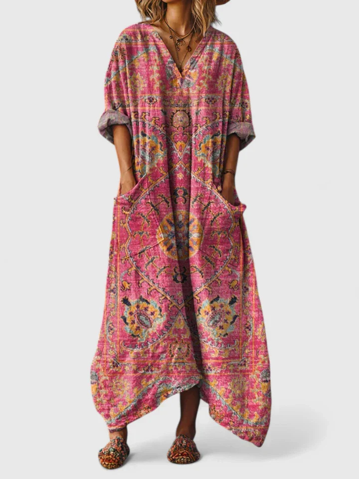 Indie | Women's Cotton Boho Print Front Pocket Maxi Dress