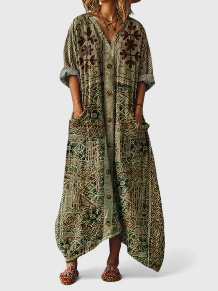 Indie | Women's Cotton Boho Print Front Pocket Maxi Dress