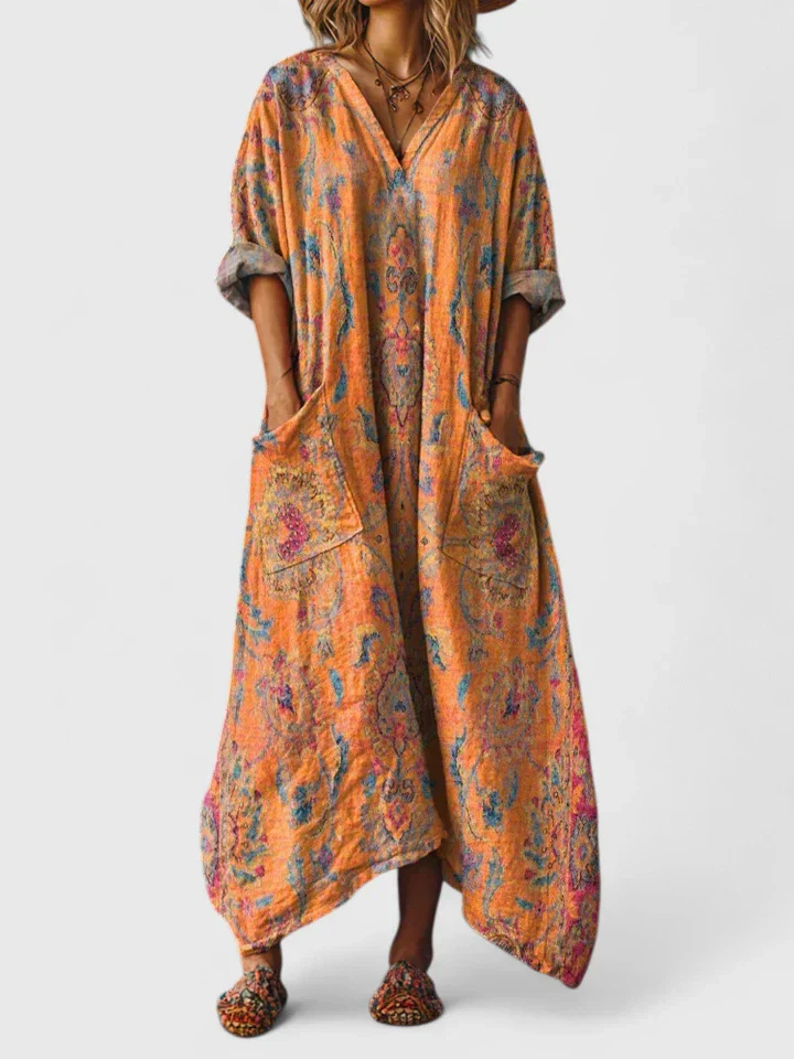 Indie | Women's Cotton Boho Print Front Pocket Maxi Dress