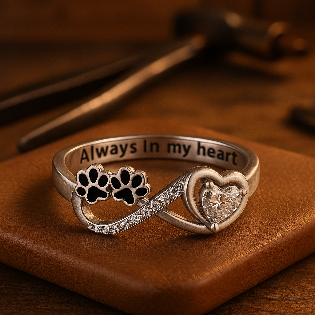 Ring with zirconia in the shape of a paw with a design in the form of a heart and infinity