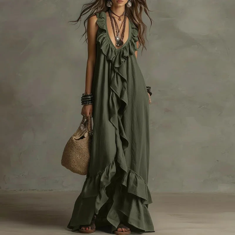 MERLOT | Burgundy Ruffle Maxi Dress with Tiered Hem