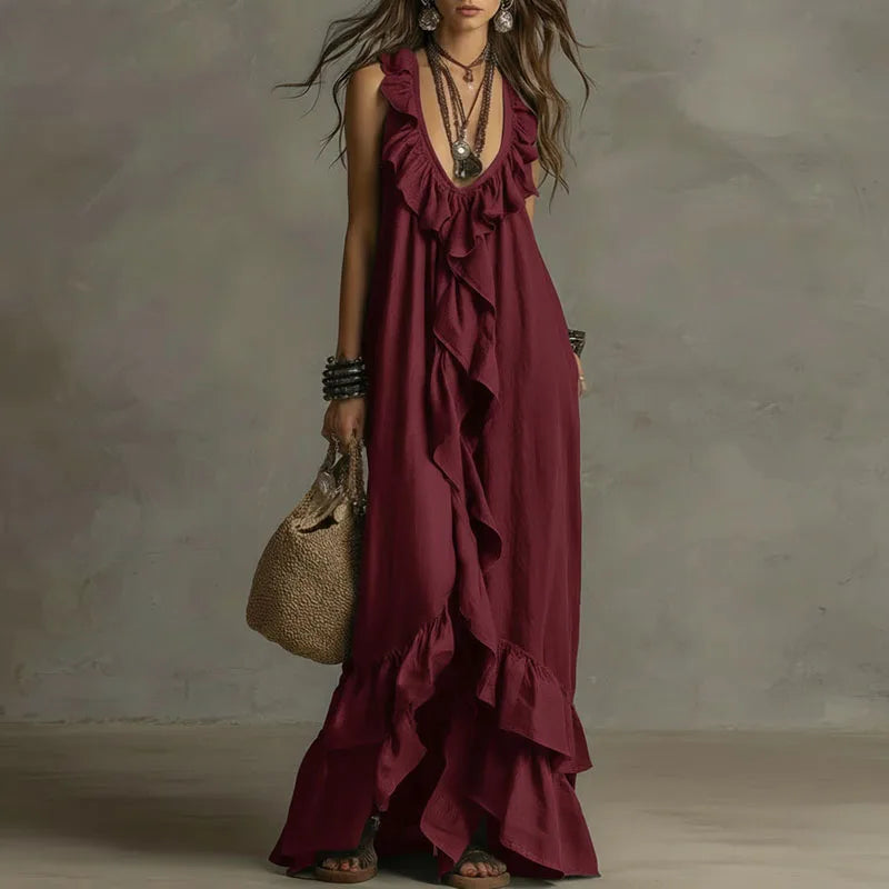 MERLOT | Burgundy Ruffle Maxi Dress with Tiered Hem