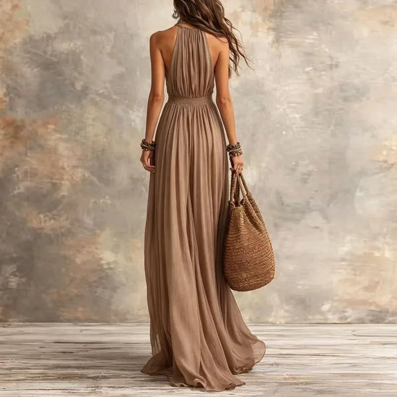 NOVA | Halter Deep V-Neck Flowy Maxi Dress with Draped Bodice