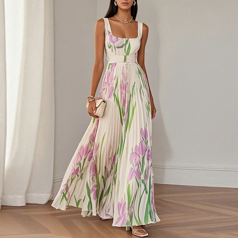 LYRA | Elegant Floral Maxi Dress with Flattering Pleated Silhouette