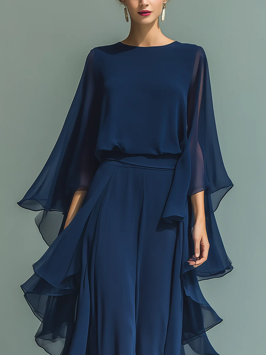Quinn | Formal Two-Piece Set with Bell Sleeves and Cascading Ruffle Detail