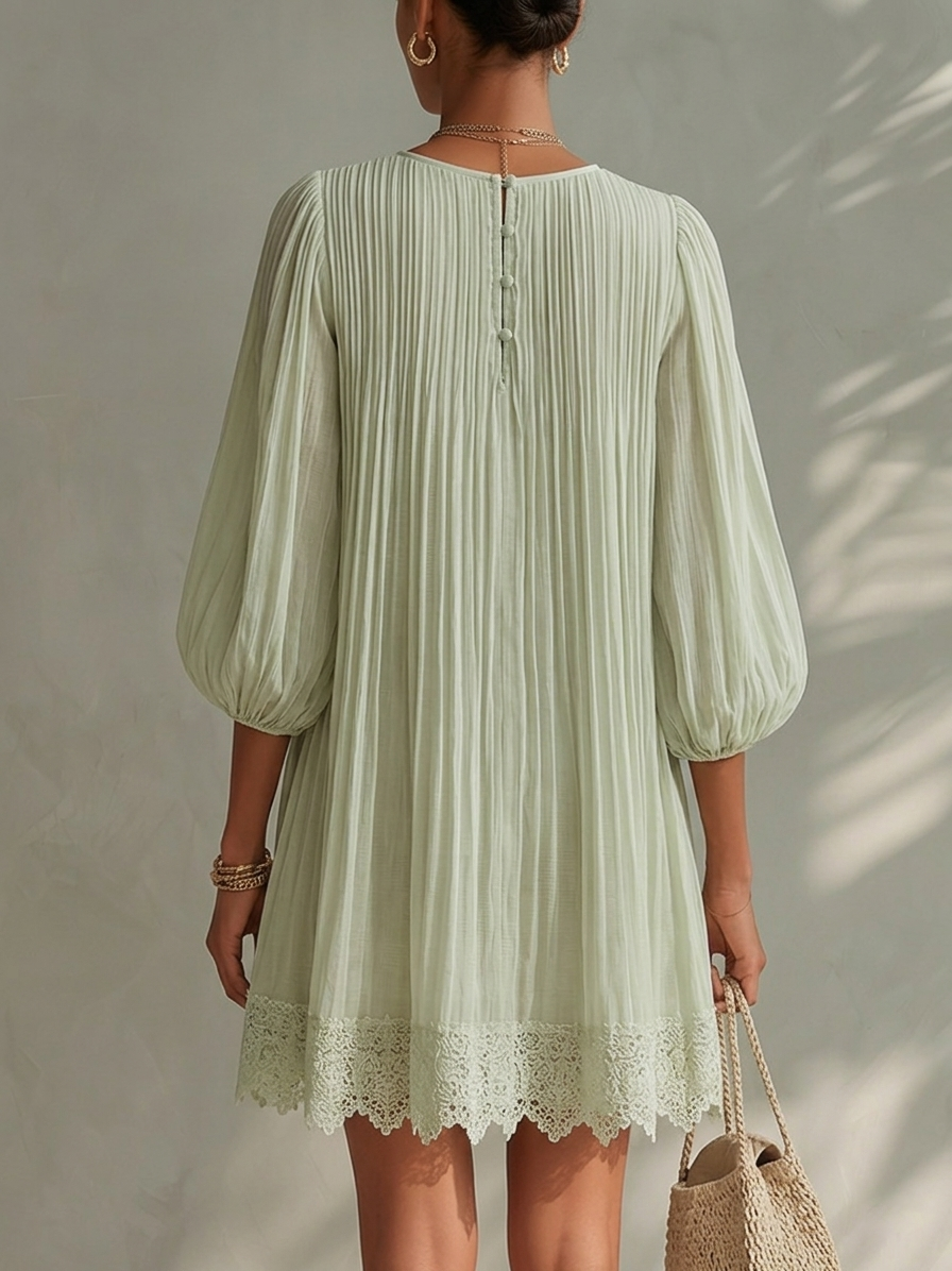 Light Green Pleated Chiffon Lantern Sleeve Lace Mini Dress