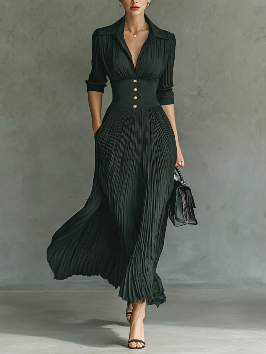 Elvira | Long Pleated Dress with Lapels and High Waist