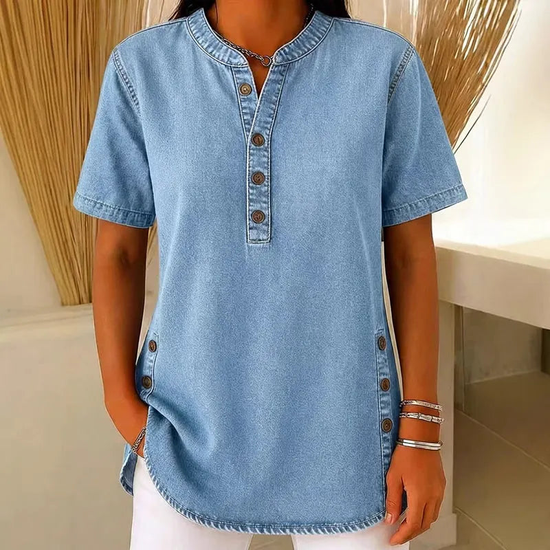 REAGAN | Denim Henley Tunic Top For Casual Everyday Blouse