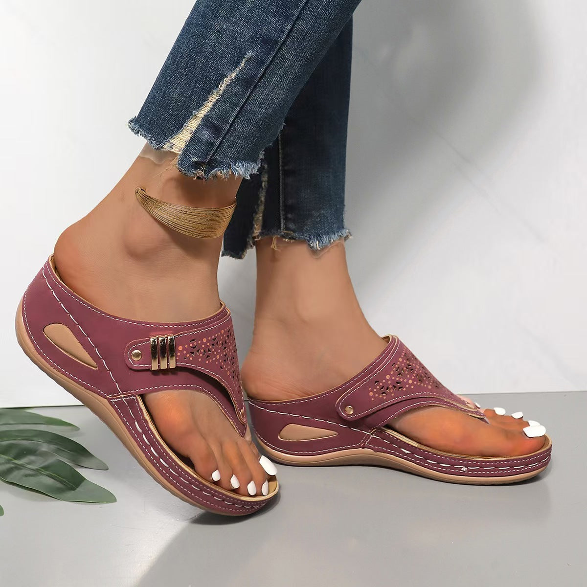 Mila | Wedge Thong Sandals with Cutout Strap and Cushioned Footbed