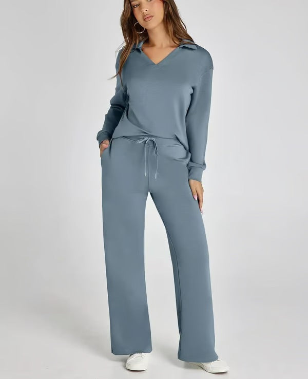 Aria – Women’s Two-Piece Set with V-Neck Sweatshirt & Wide-Leg Trousers