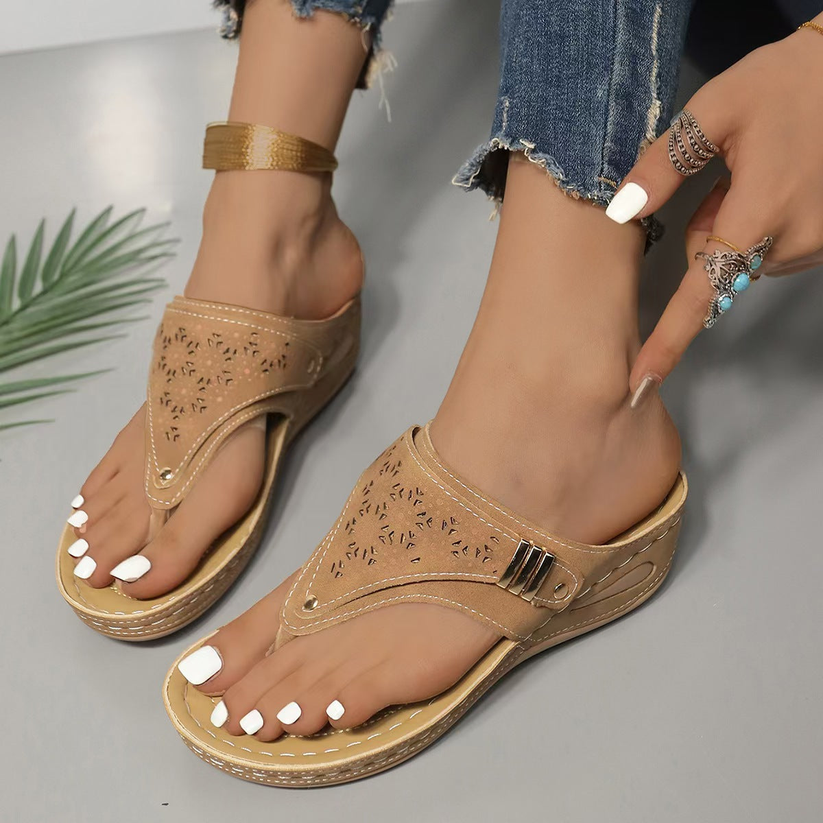 Mila | Wedge Thong Sandals with Cutout Strap and Cushioned Footbed