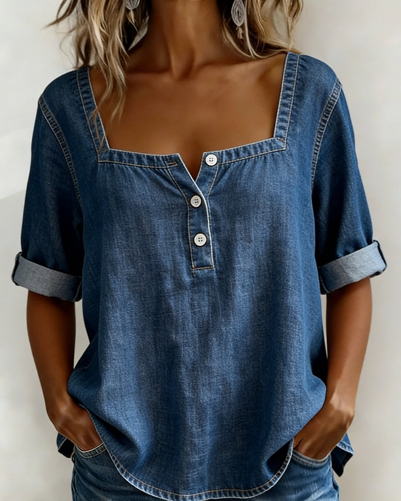 Avelia™ | Square Collar Denim Shirt