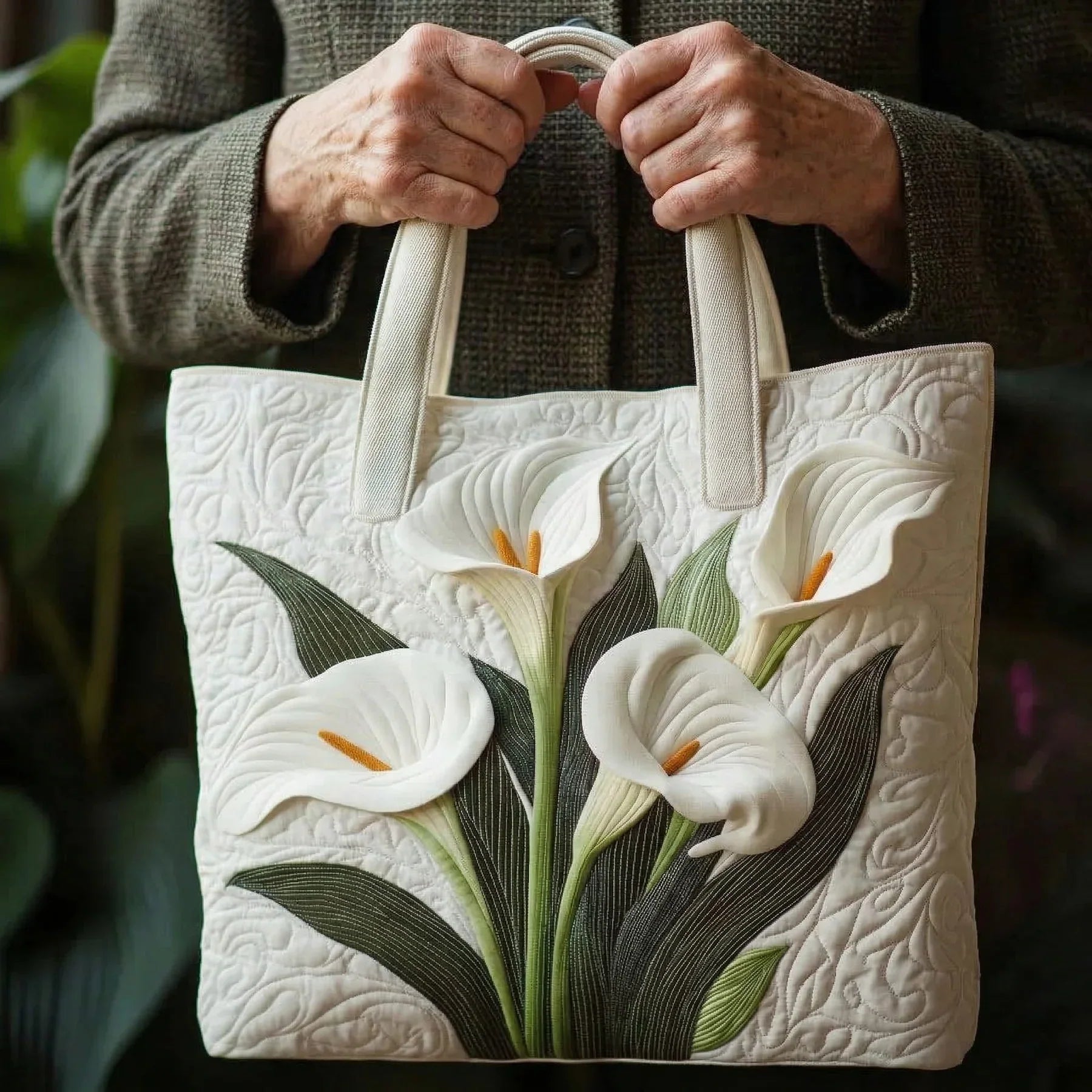 Quilted Artisan Bag - White Arums