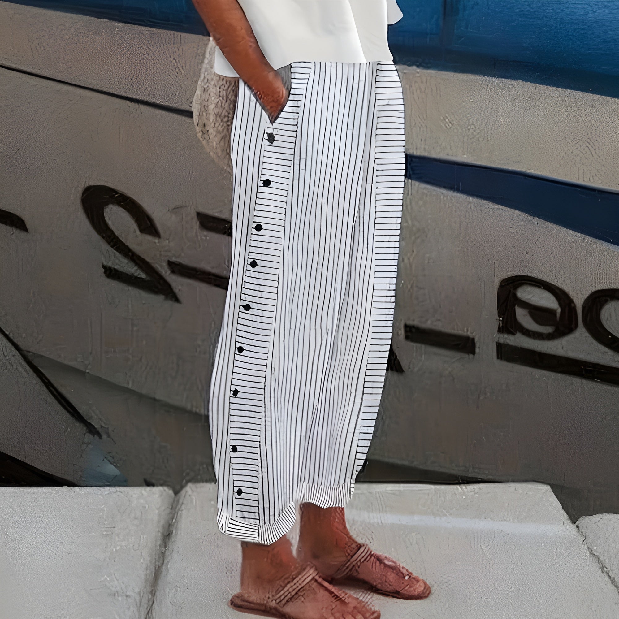 ELENA | Light Summer Pants with Thin Stripes and Side Buttons for Casual Chic Style