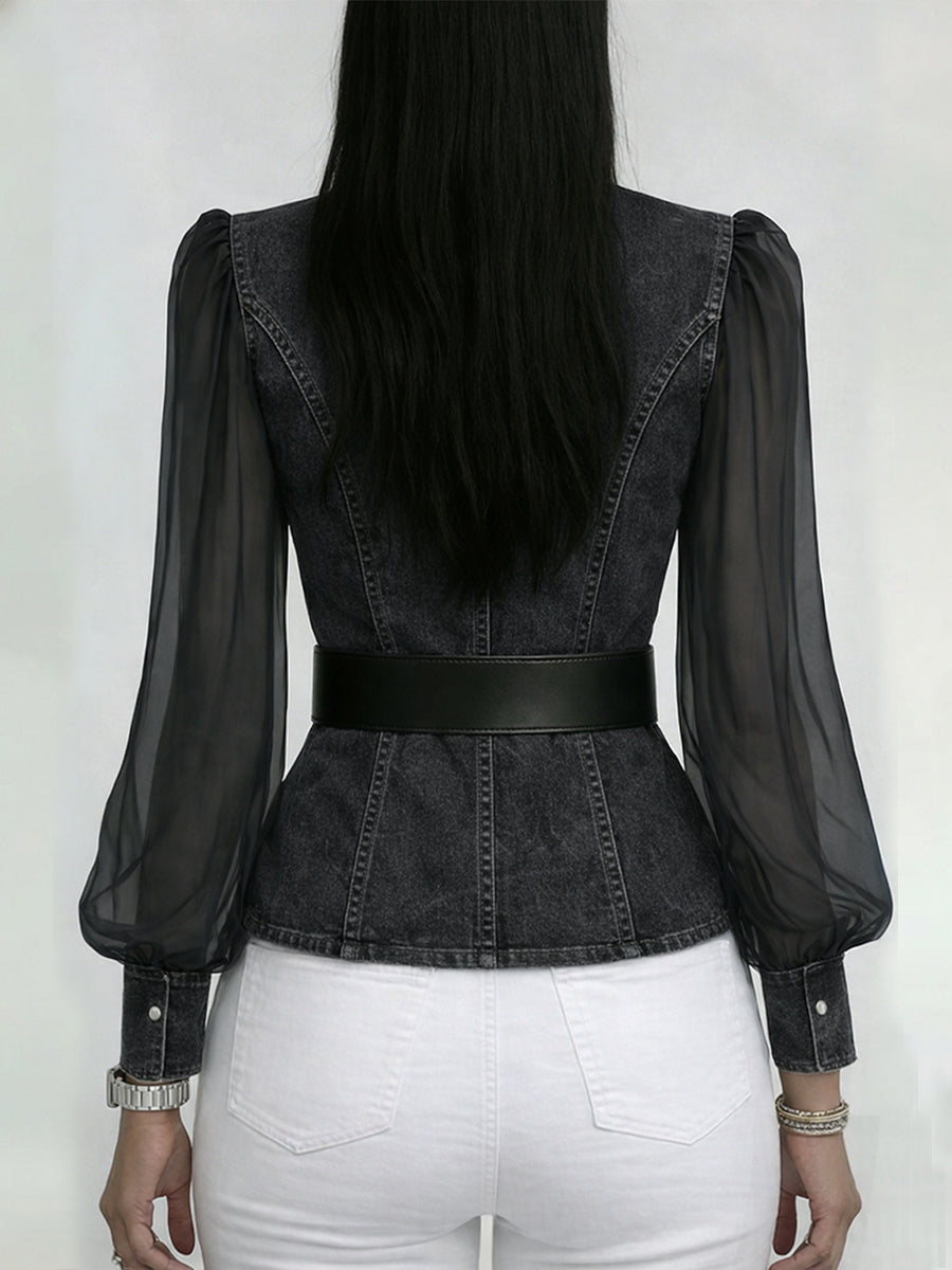 Valerie™ | Denim Top with Organza Sleeves