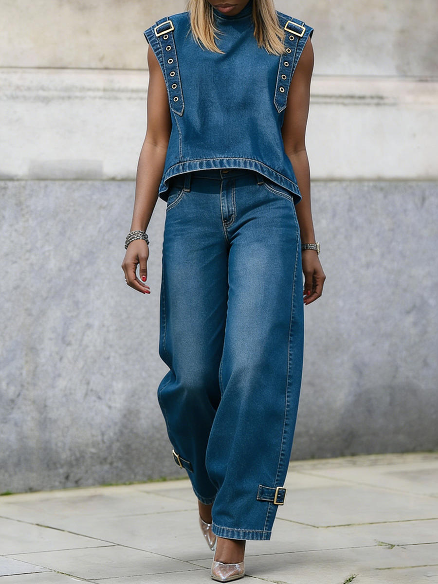 Jade™ | Sleeveless Denim Shirt with High Collar