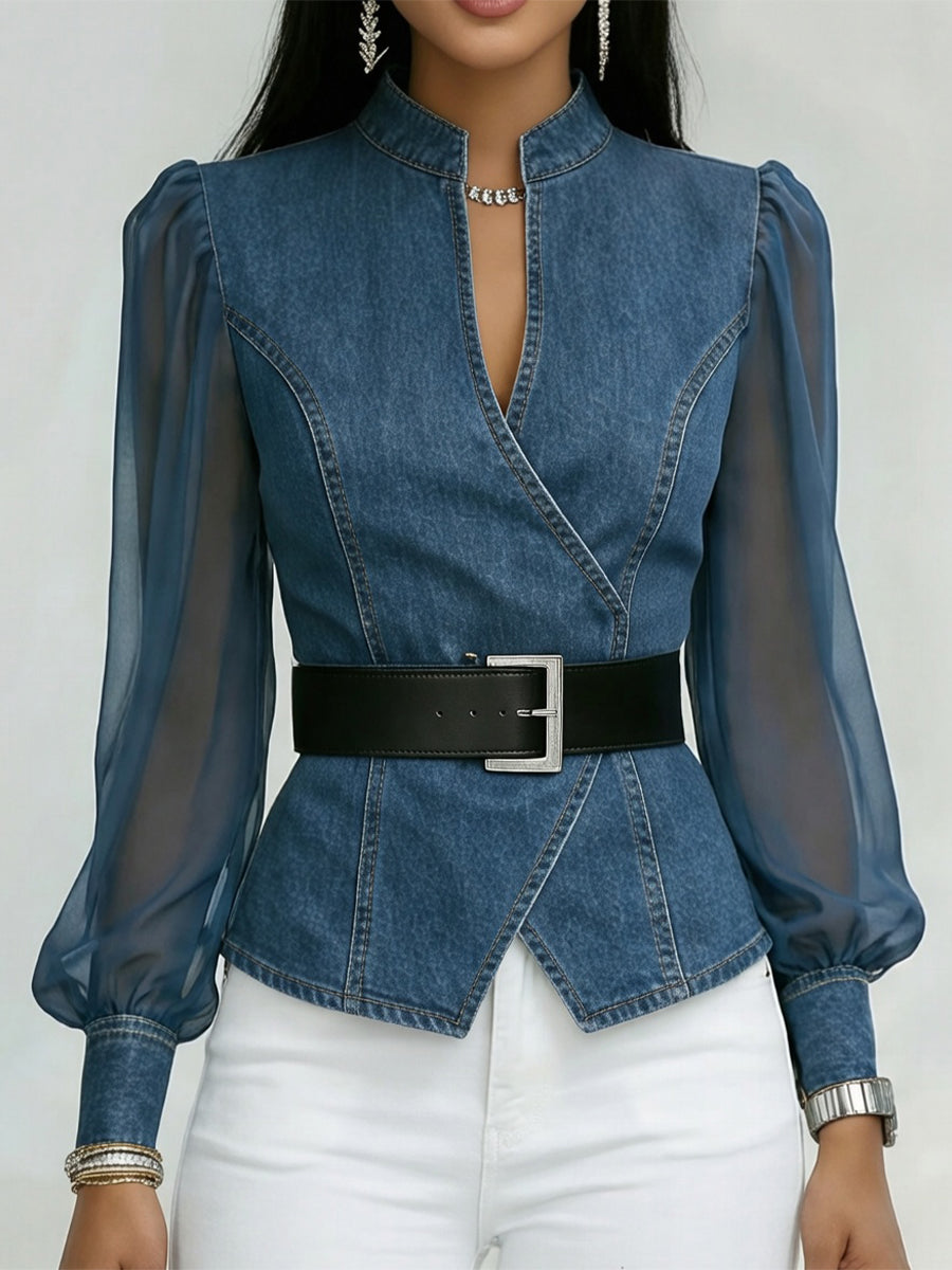 Valerie™ | Denim Top with Organza Sleeves