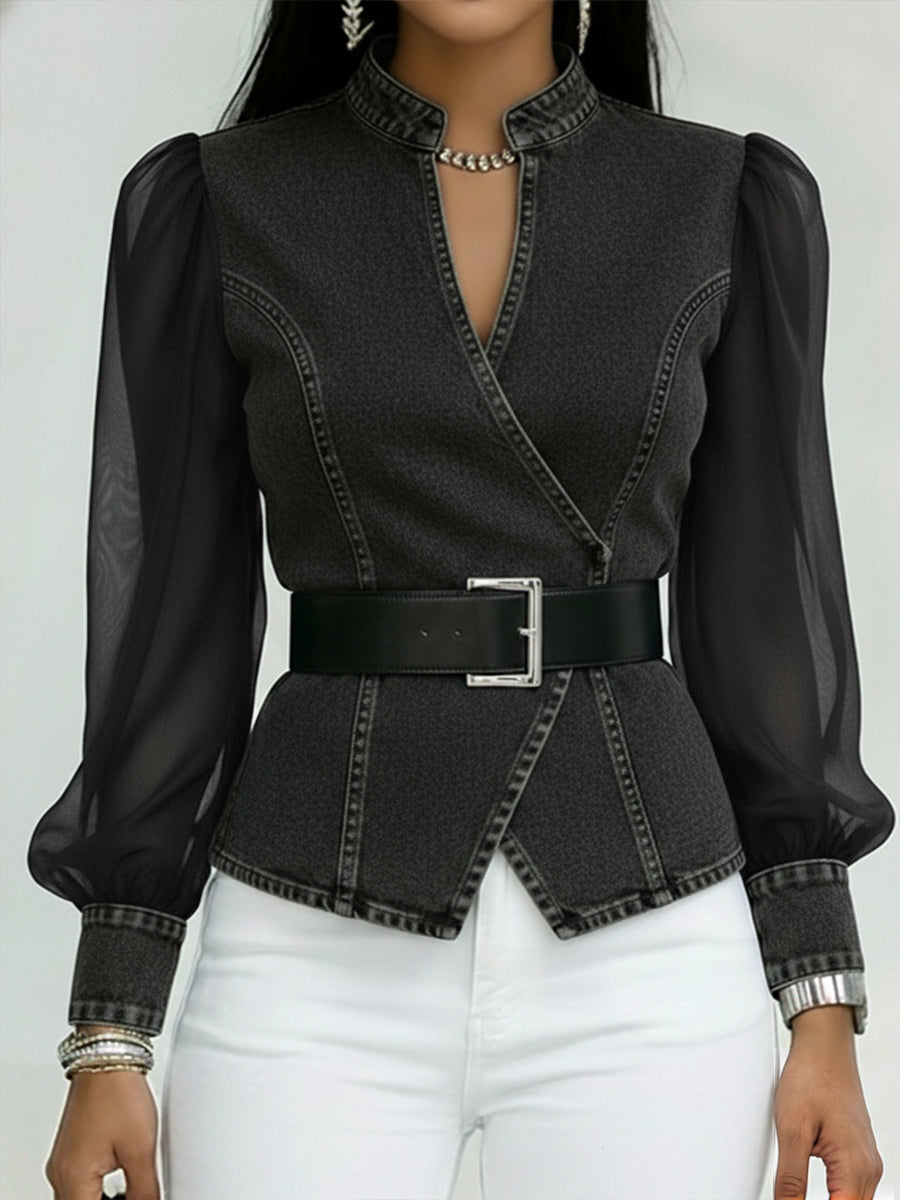 Valerie™ | Denim Top with Organza Sleeves