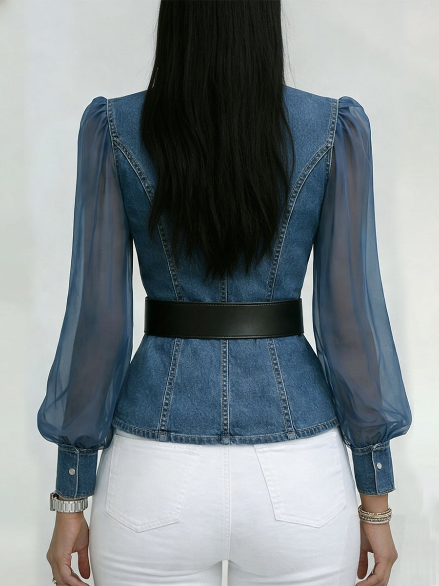 Valerie™ | Denim Top with Organza Sleeves