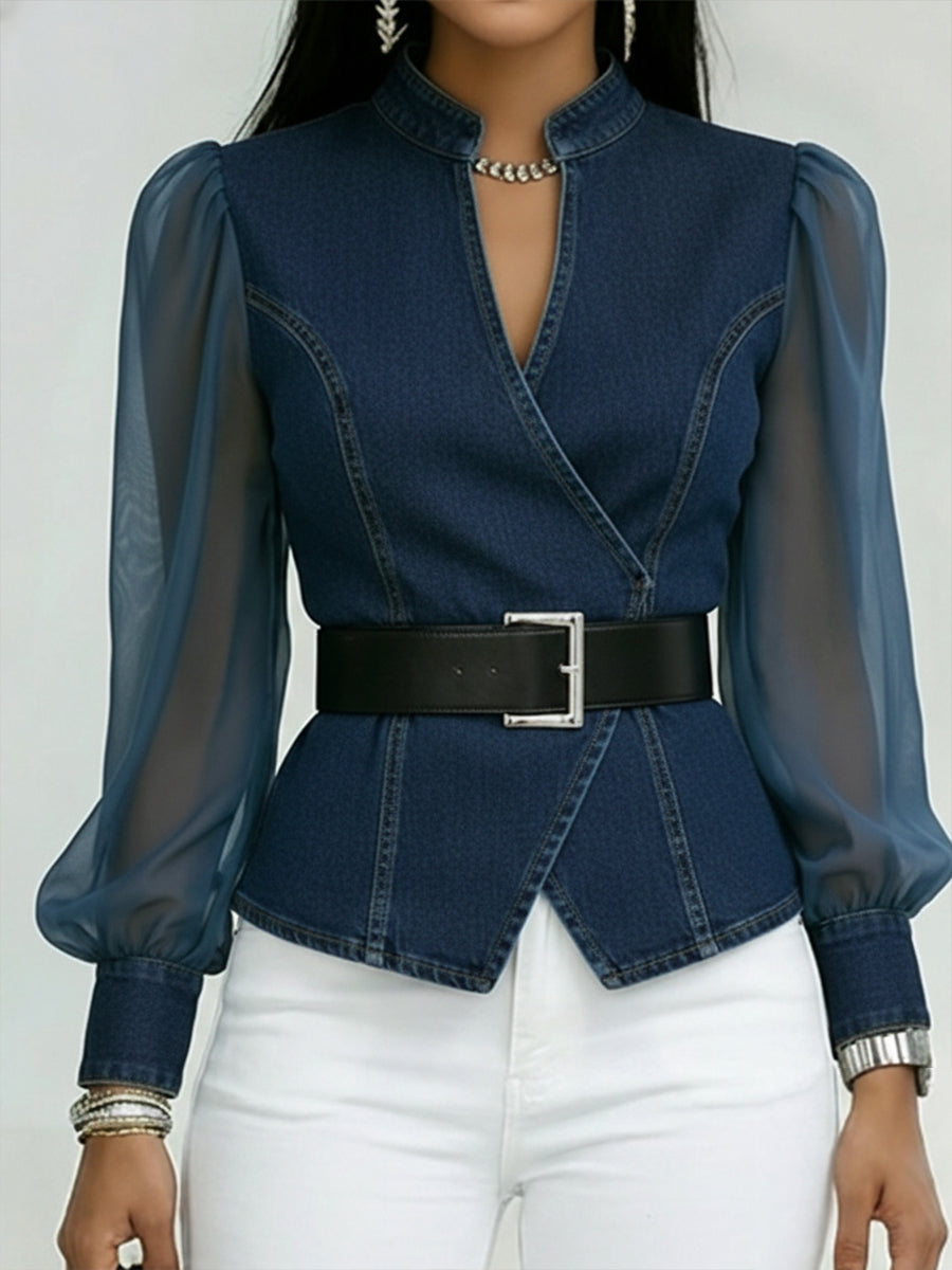 Valerie™ | Denim Top with Organza Sleeves