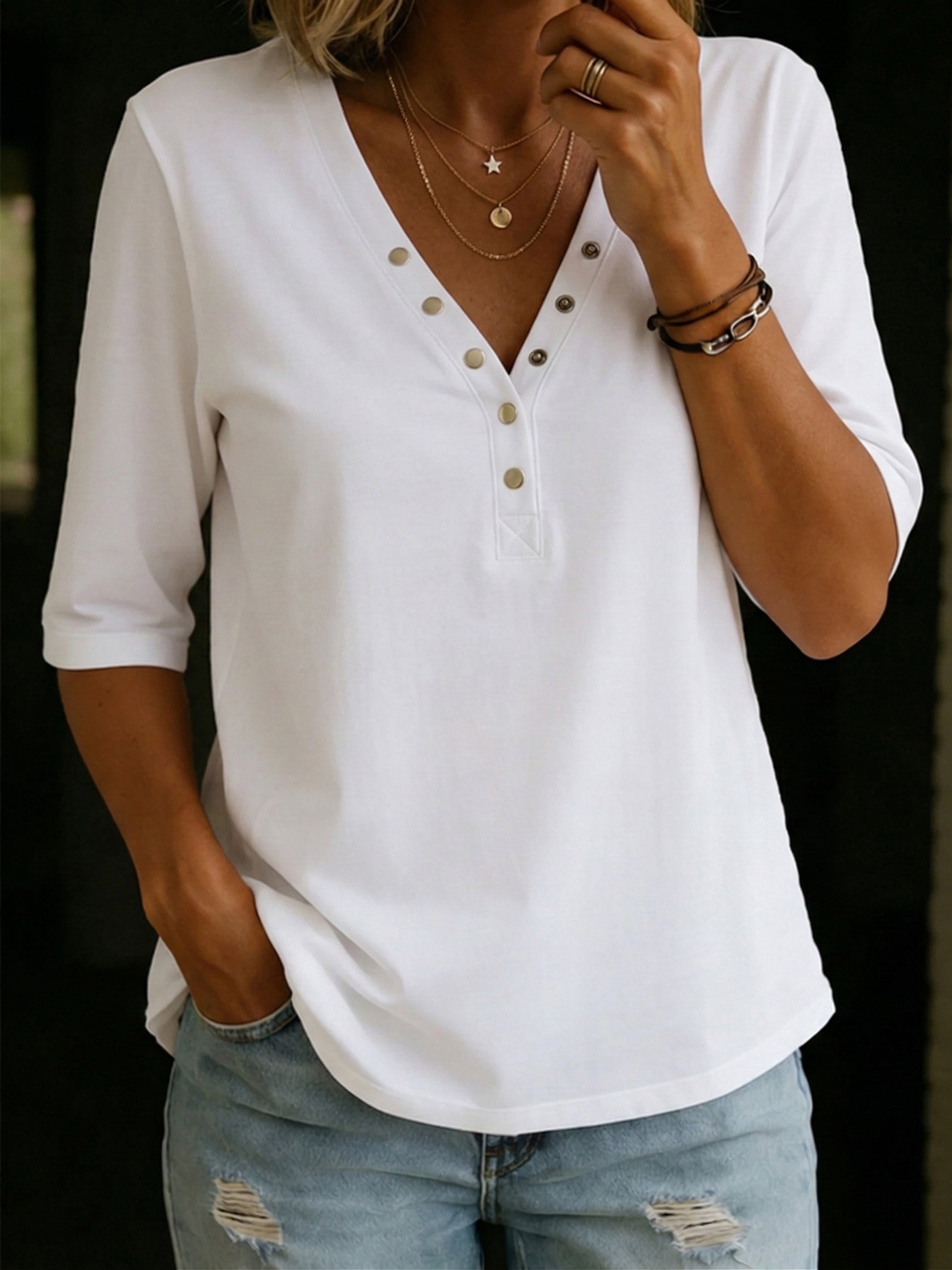 Mila™ | V-neck T-shirt with Snap Buttons