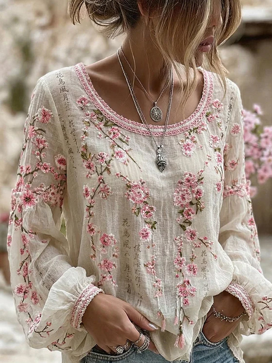 Sakura™ | Retro Floral Cotton-Linen Top