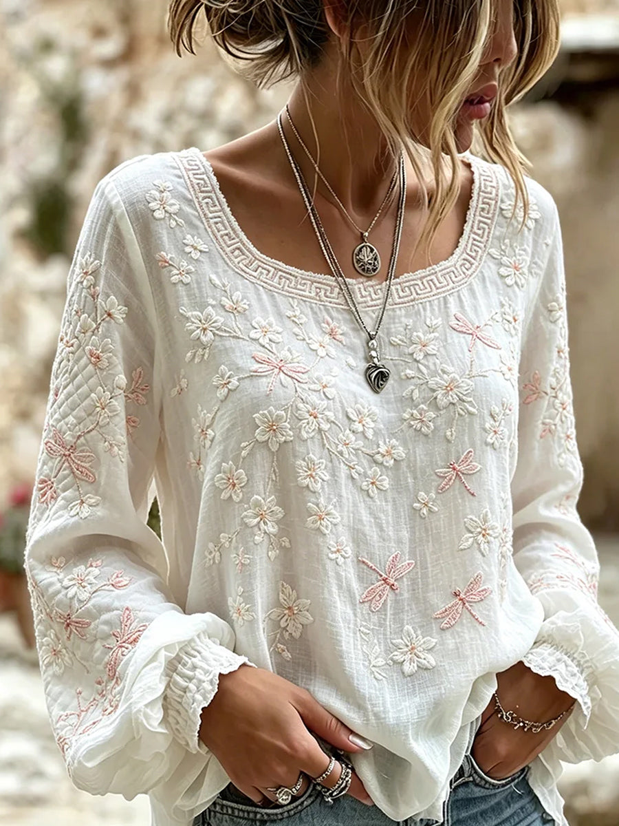 Dragonfly™ | Vintage embroidered cotton-linen top
